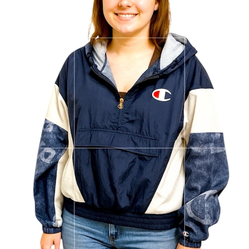Champion Navy and White half zip meshed pullover hooded jacket size L
